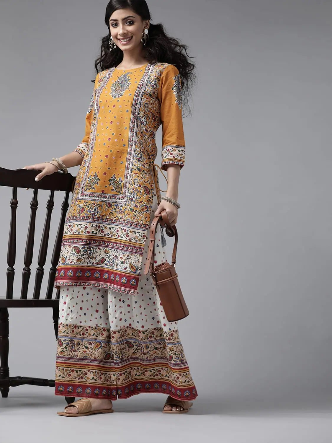 Juniper Mustard Cambric Floral Print Straight Kurta Palazzo Set