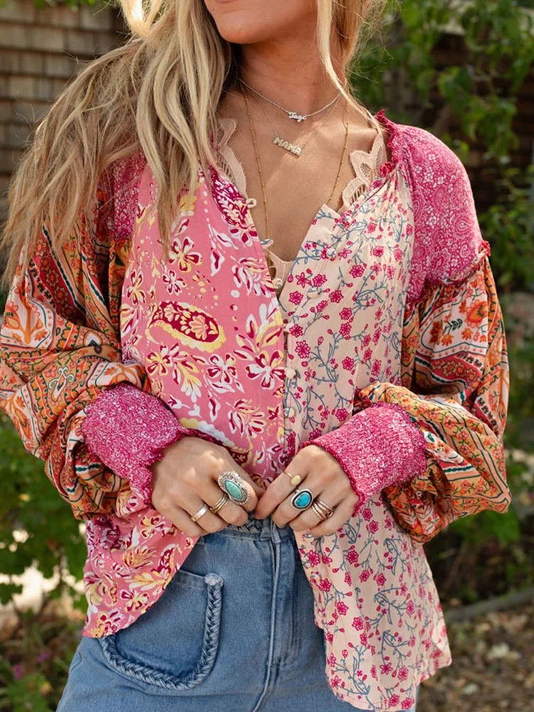 Boho-Spirit Floral Shirt Blouse with Long Sleeves