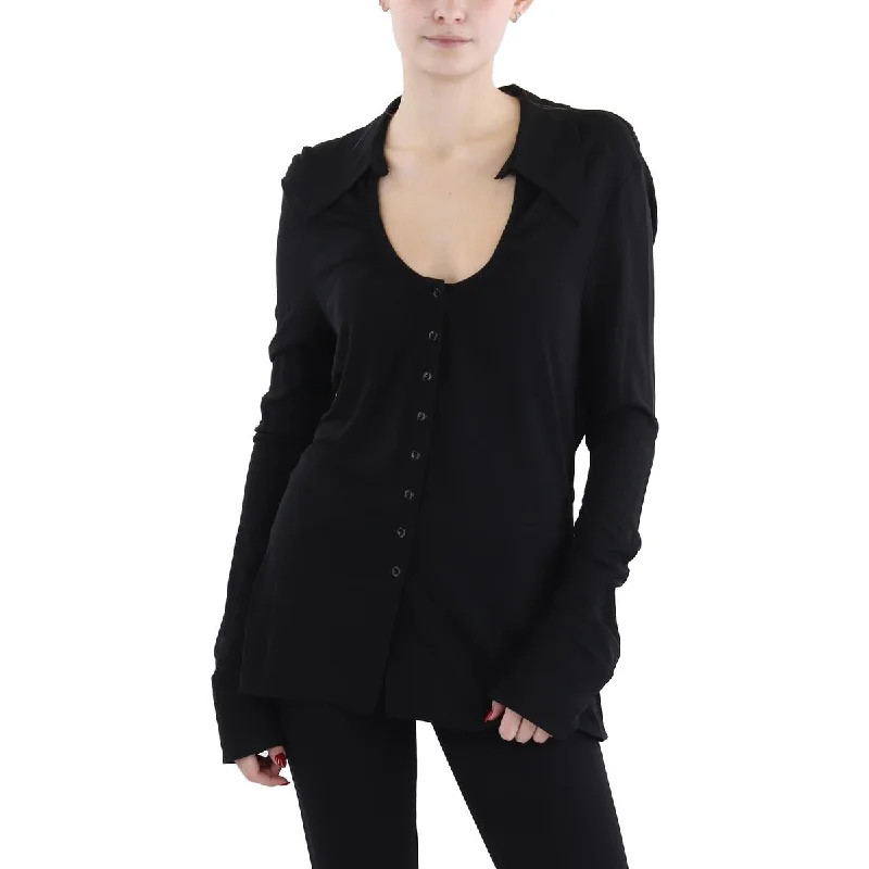 Womens Collared Long Sleeve Button-Down Top