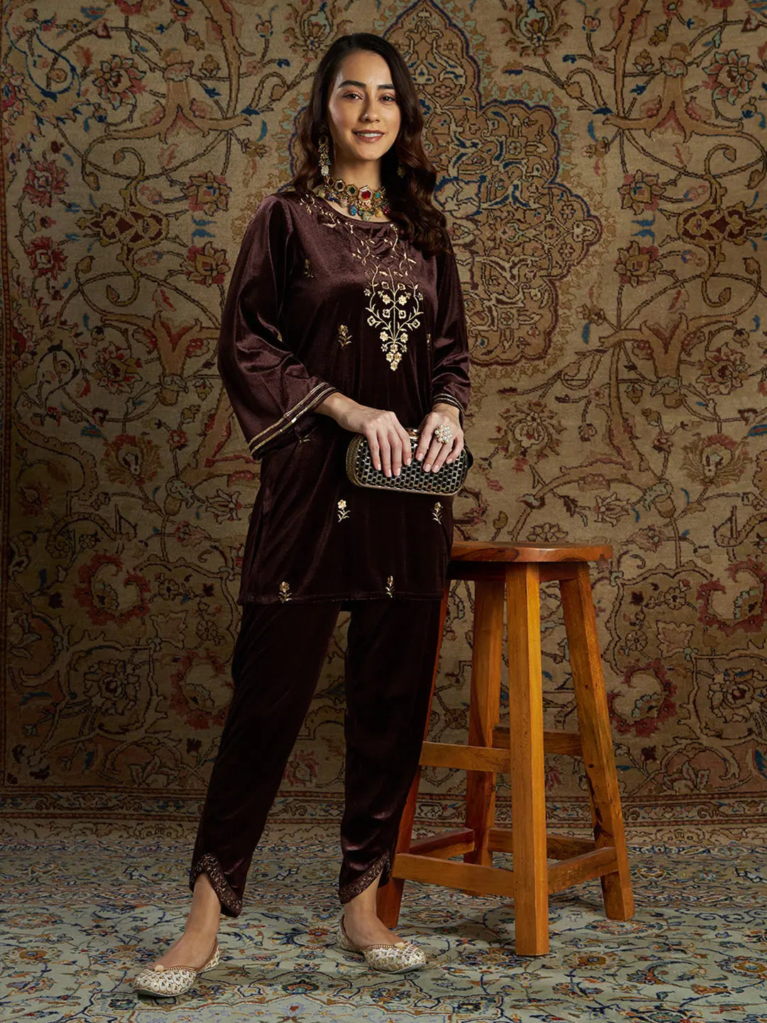 Women Brown Velvet Zari Short Kurta With Tulip Pants