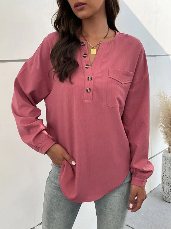 Flounce Long Sleeve Shirt Blouse - Patch Pocket Half Button Top