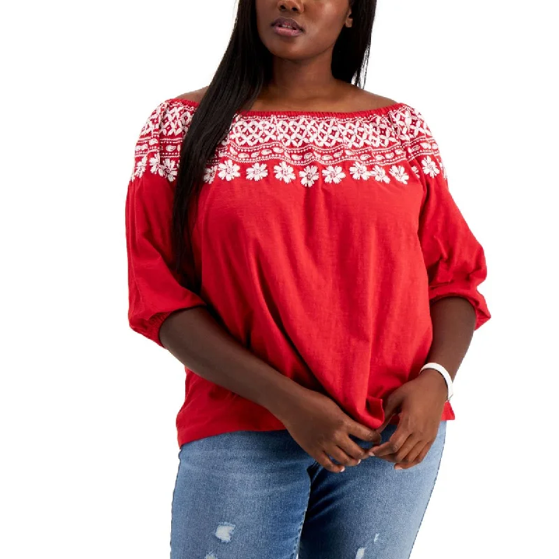 Plus Womens Cotton Off-The-Shoulder Blouse