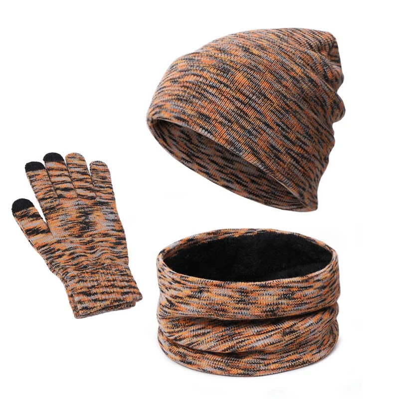 Knitted Three-Piece Hat Scarf Touch Screen Gloves plus Velvet Outdoor Solid Color