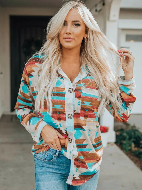 Multicolor Aztec Print Buttoned Pocket Chest Long Sleeve T-shirt