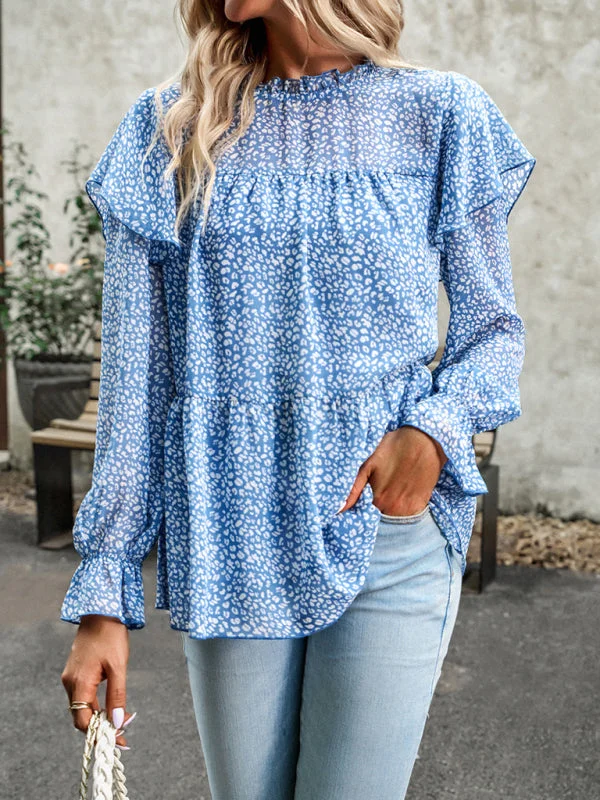 Ruffle Collar Floral Blouse - Tiered Accents, Long Sleeve Top