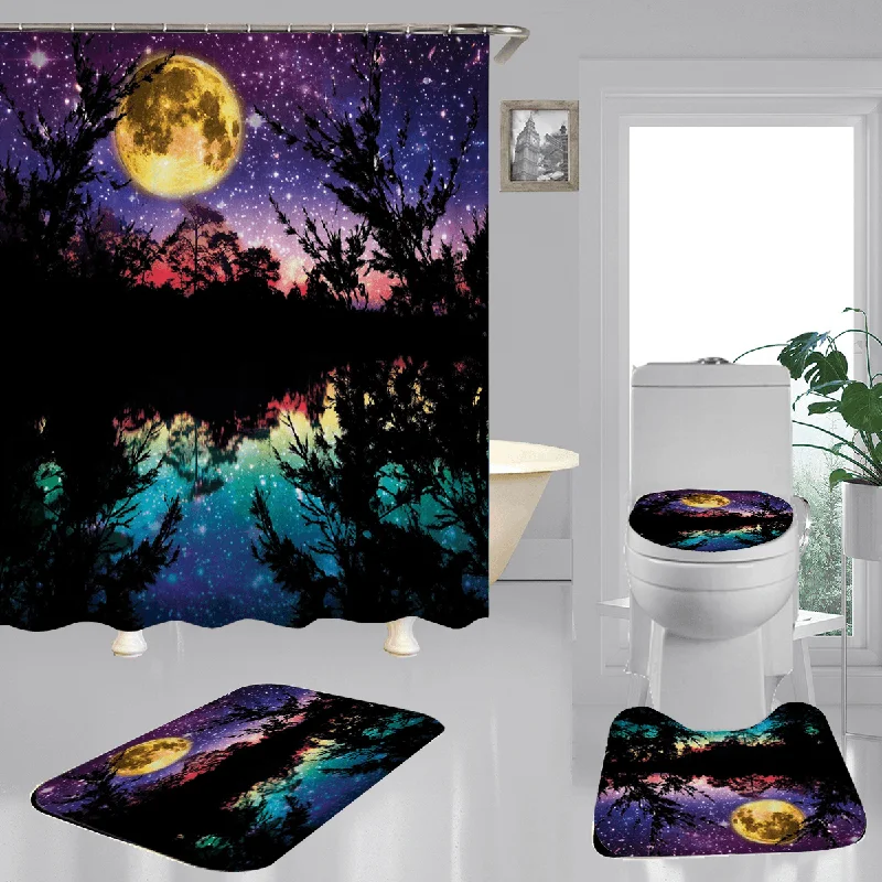 Waterproof Shower Curtain Dark Night Print Non-Slip Toilet Mat Cover Rug Set