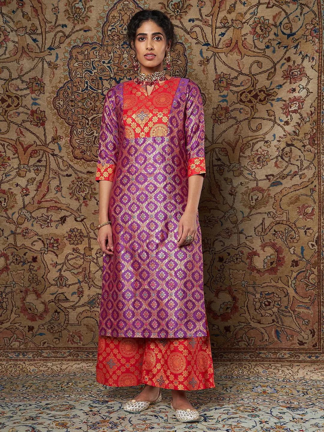 Women Purple & Red Brocade Yoke Kurta With Brocade Pants