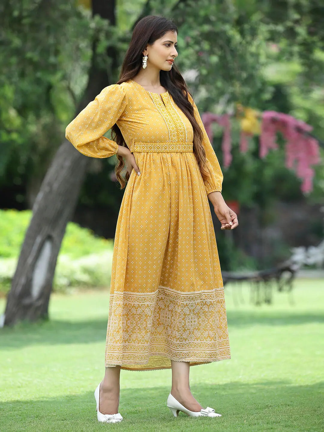 Juniper Mustard Georgette Festive Khadi Print Flared Dress For Women