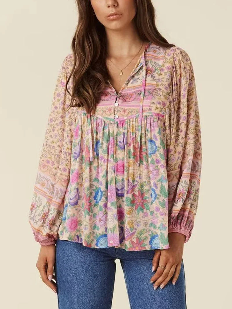 Women Boho Fall Floral Blouse with Long Sleeves