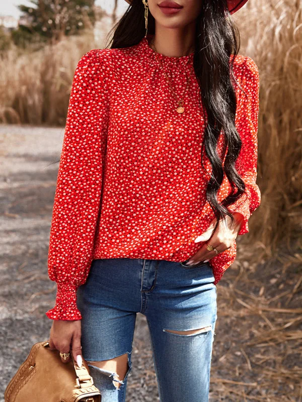 Floral High Ruffe Neck Long Sleeve Blouse