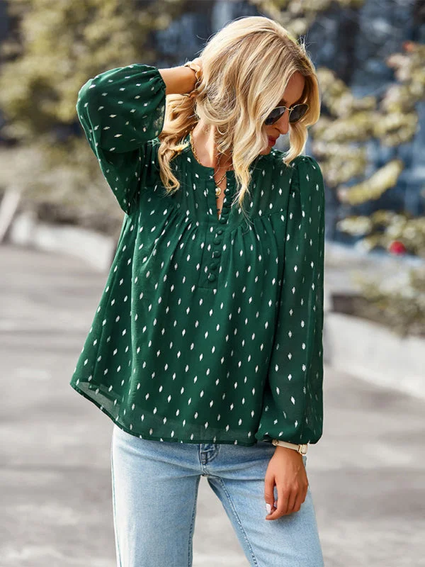 Buttoned Long Sleeve Polka Dot Blouse in Chiffon