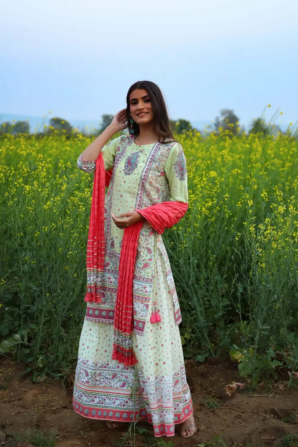 Juniper Limegreen Cambric Printed Straight Kurta Palazzo Dupatta Set