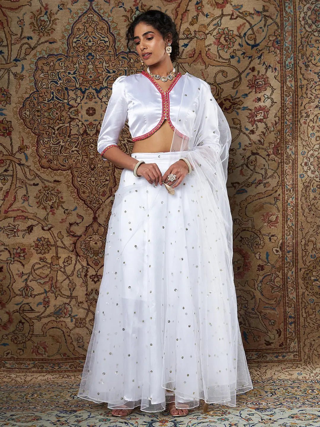 Women White Satin Top With Tulle Aanrkali Skirt And Dupatta