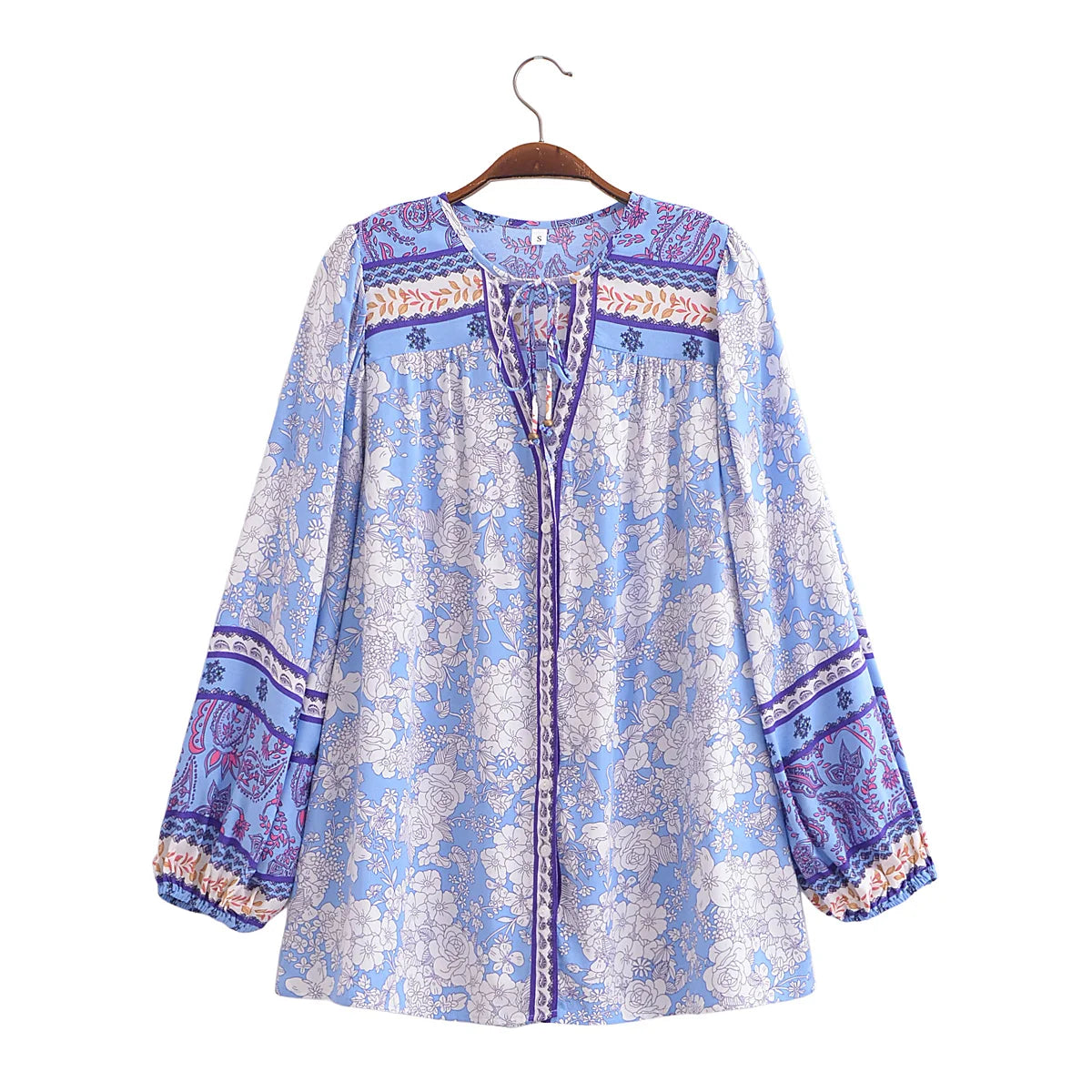 Serene Blue Boho Floral Print Long Sleeve Blouse