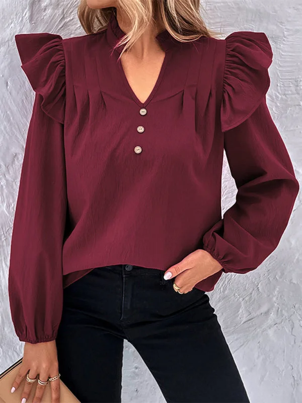 Women's Ruffle Long Sleeves Blouse with Buttons Decor & Ruffle Accents