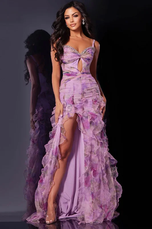 Jovani D5113 Long Beaded Floral Ruffle Prom Dress