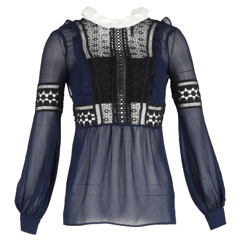 Self-Portrait Lace Detail Long Sleeve Blouse in Navy Blue Polyester