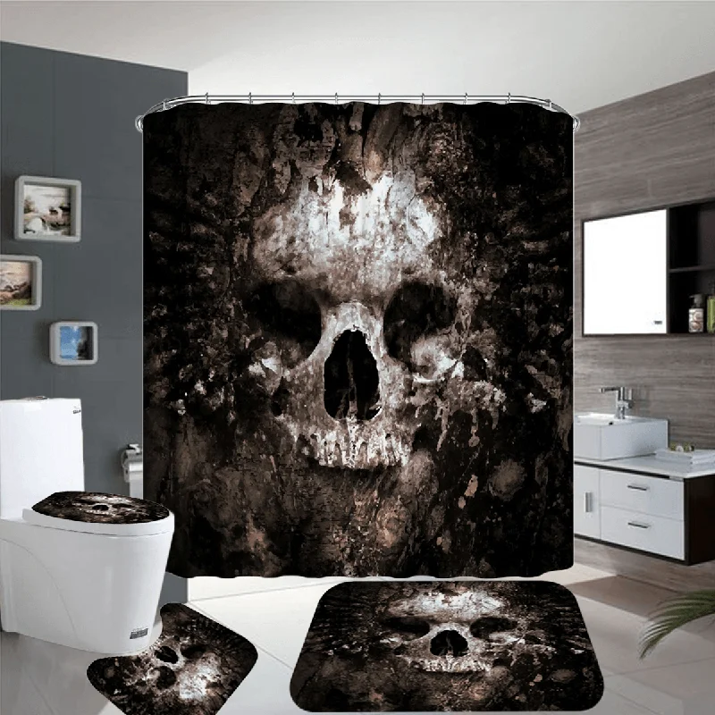 Skull Pattern Polyester Bathroom Shower Curtain Non-Slip Toilet Cover Mat Rug Set