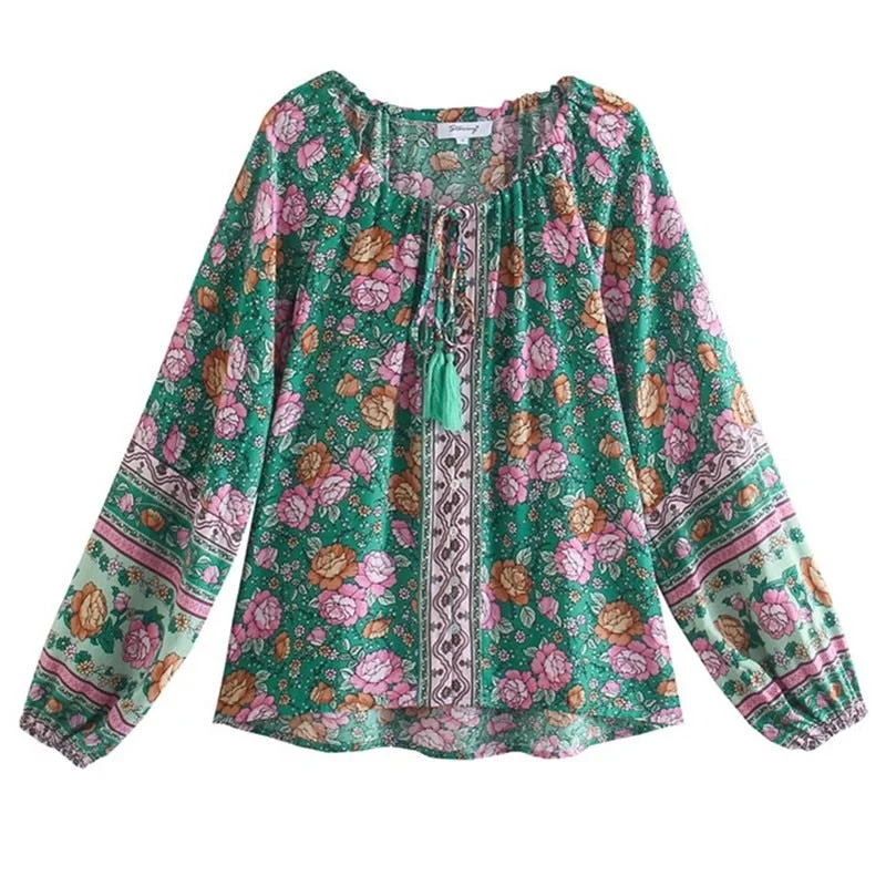 Rosebud Blooms Boho Floral Print Long Sleeve Blouse