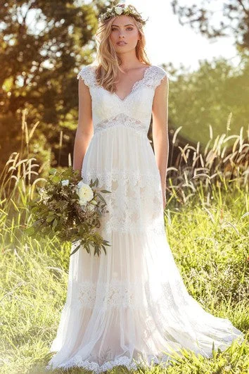 V-Neck Long Cap-Sleeve Appliqued Lace&Tulle Wedding Dress