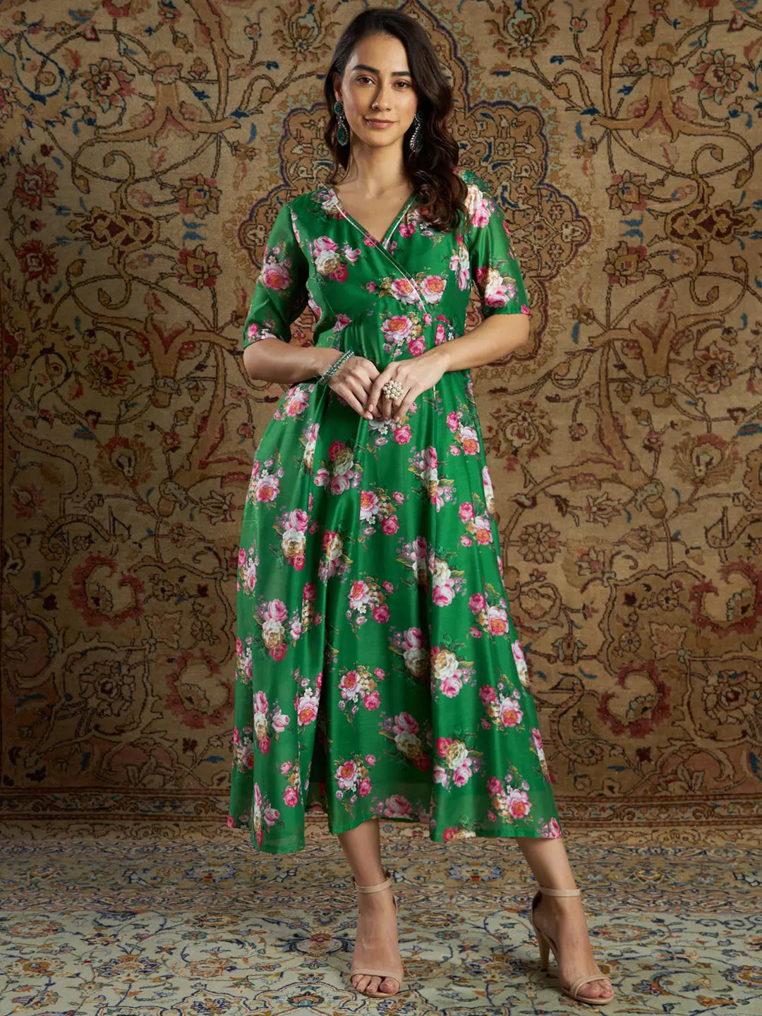 Women Green Chanderi Floral Anarkali Dress