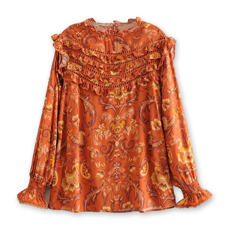 Burnt Amber Boho Floral Print Long Sleeve Blouse