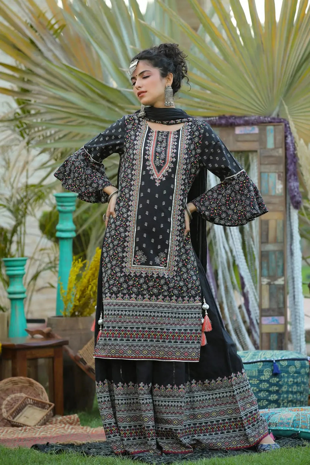 Juniper Black Cambric Floral Print High-Low Kurta Palazzo & Dupatta Set With Mask