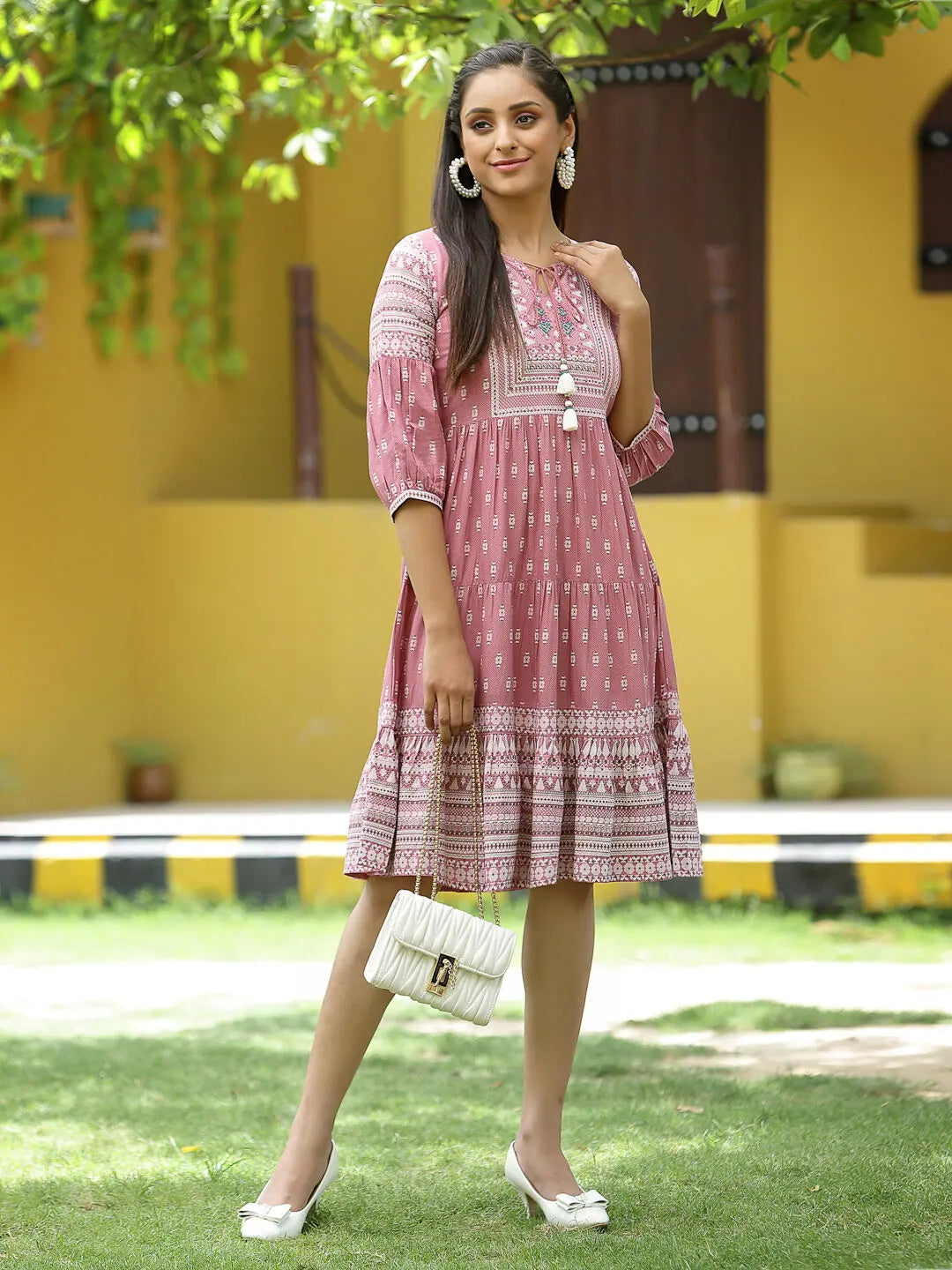 Juniper Onion Pink Rayon Festive Printed Tiered Dress For Women