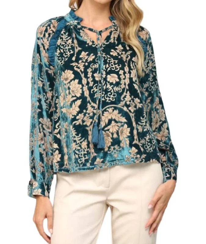 Ruffle Velvet Blouse - Plus In Blue Multi