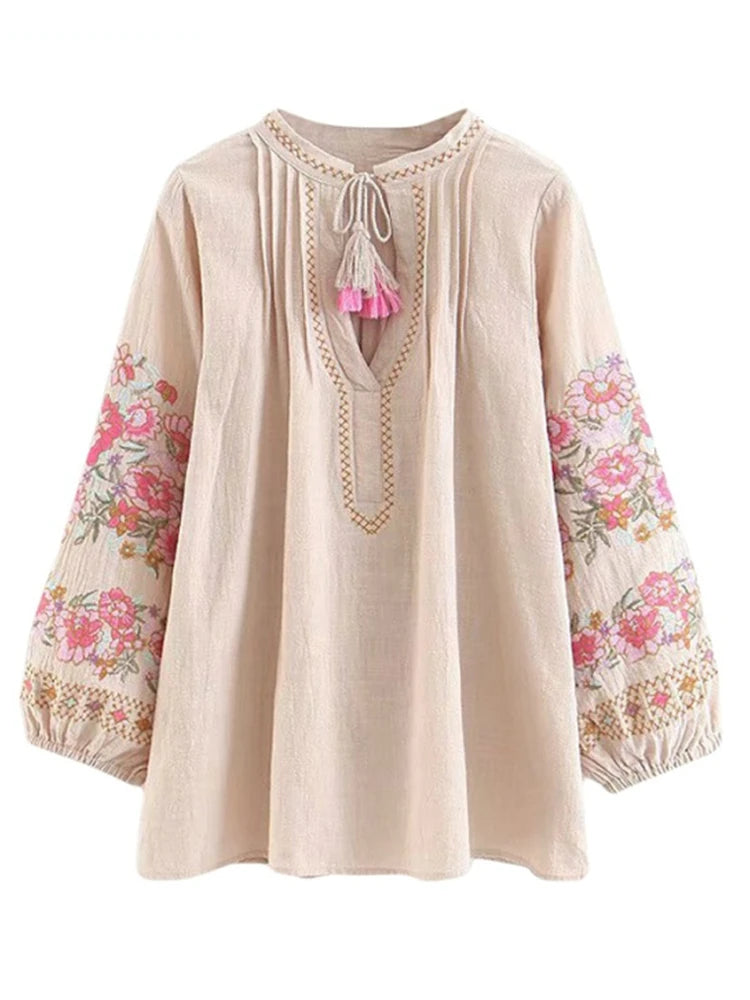 Blush Meadow Boho Embroidered Floral Long Sleeve Blouse