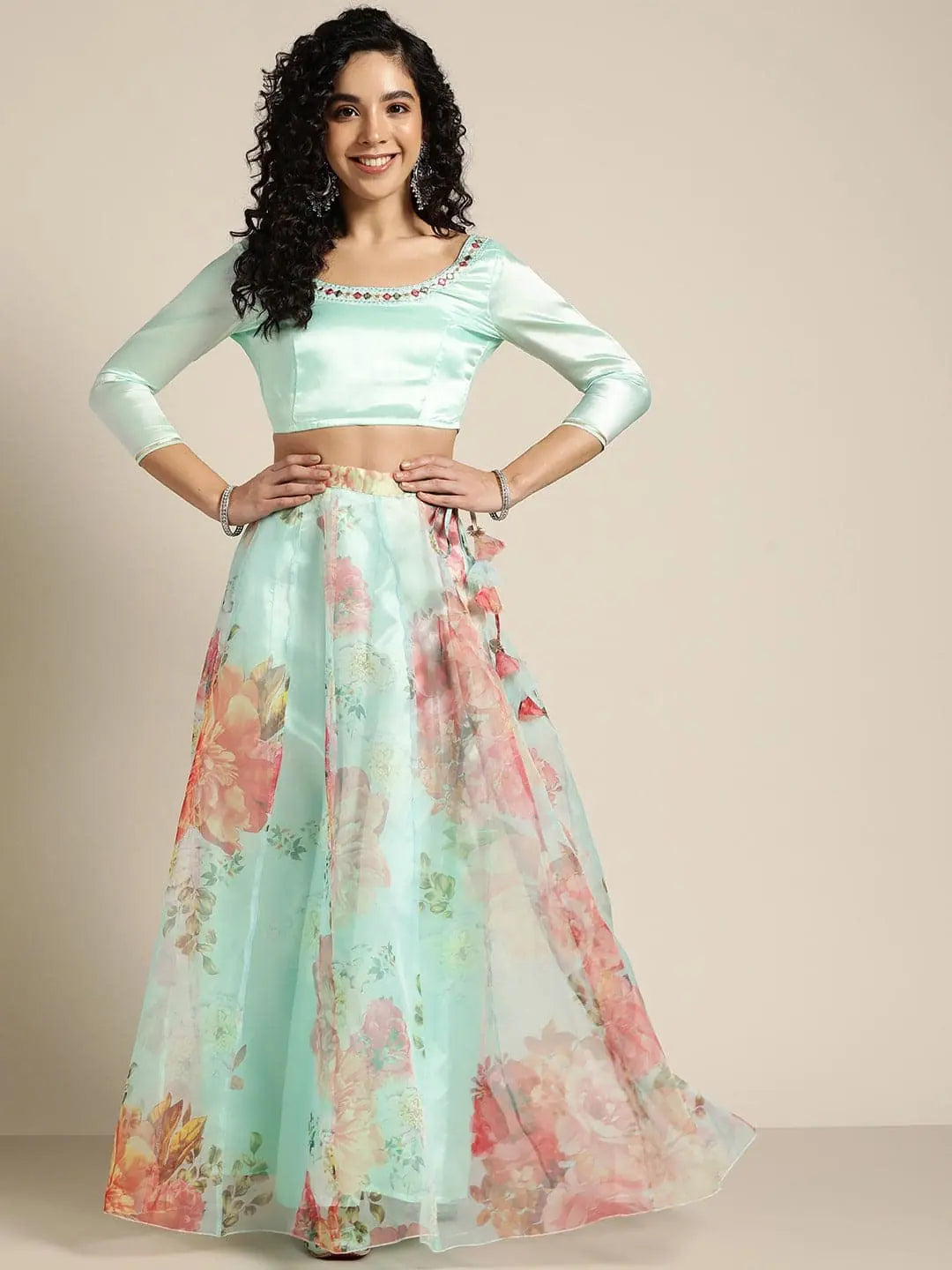 Women Sea Green Organza Crop Top With Anarkali Skirt