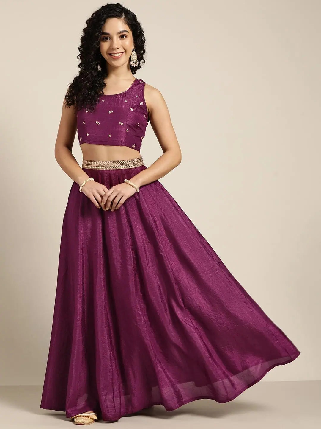 Women Burgundy Mirror Embroidered Top With Anarkali Skirt