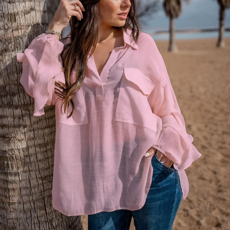 Solid Cotton See-through Long Sleeve Blouse