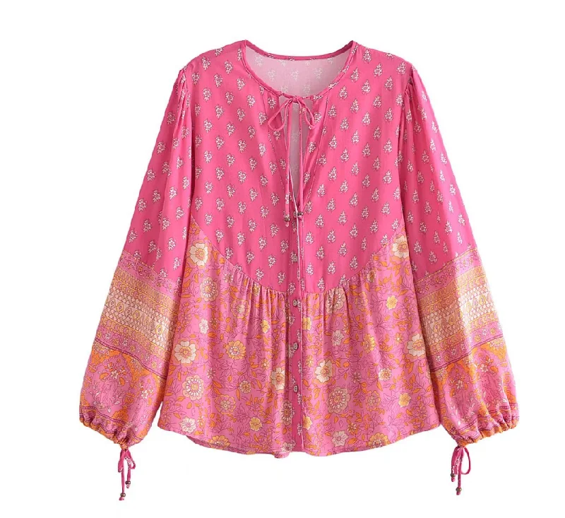 Capri Pink Boho Floral Print Long Sleeve Blouse