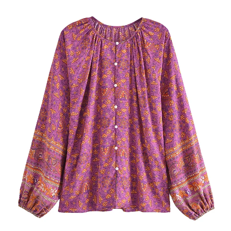 Forever Fuchsia Boho Floral Print Long Sleeve Blouse