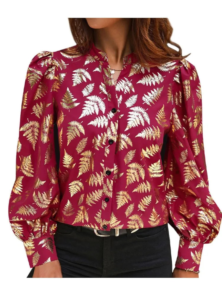 Autumn Fern Print Blouse - Women Golden Long Sleeve Shirt