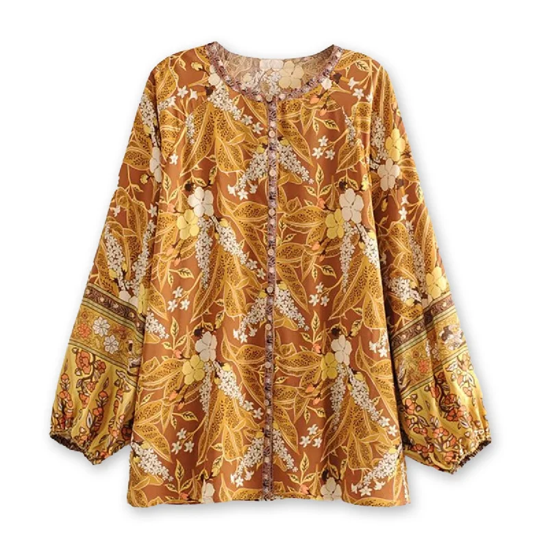 Sienna Brown Boho Floral Print Long Sleeve Blouse