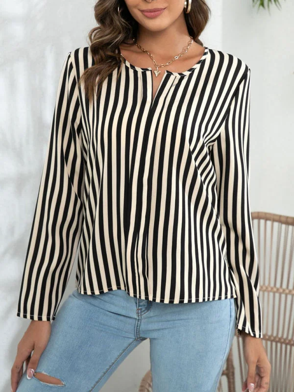 Striped V-Neck Blouse with Long Sleeves