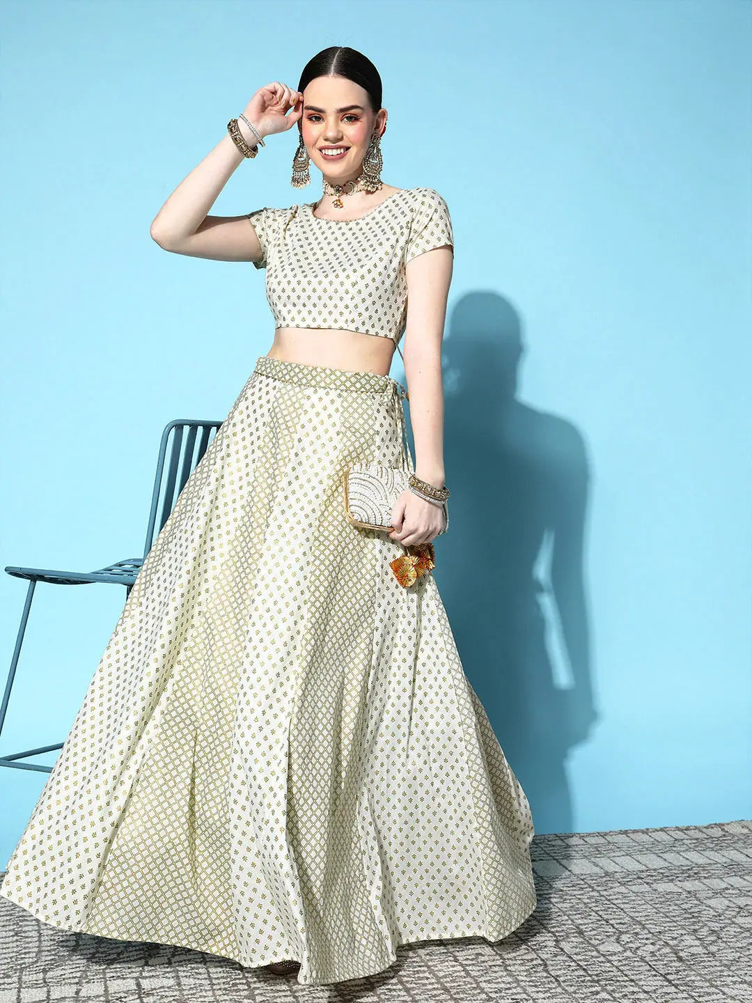 Women Off White Cotton Silk Foil Crop Top With Anarkali Skirt