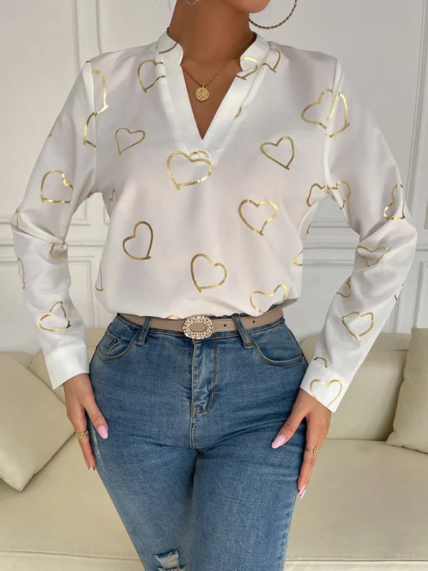 V-Neck Blouse Shirt in Love Print with Long Sleeves