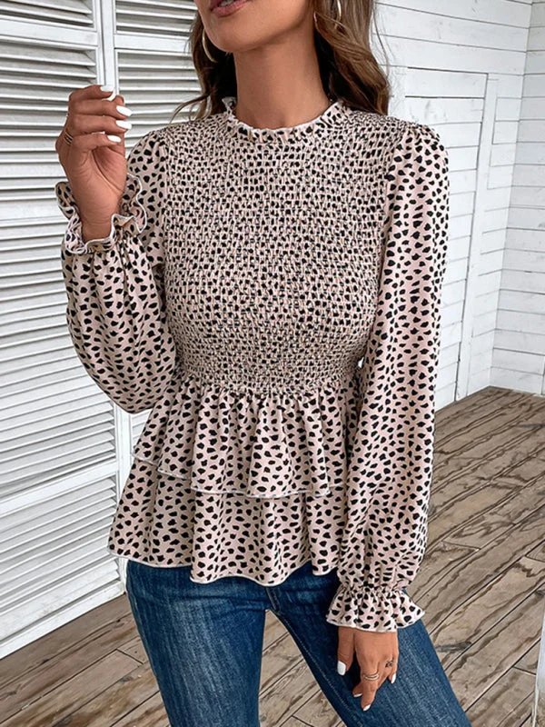 Peplum Blouse With Long Sleeves and Smocked Waist in Leopard Print