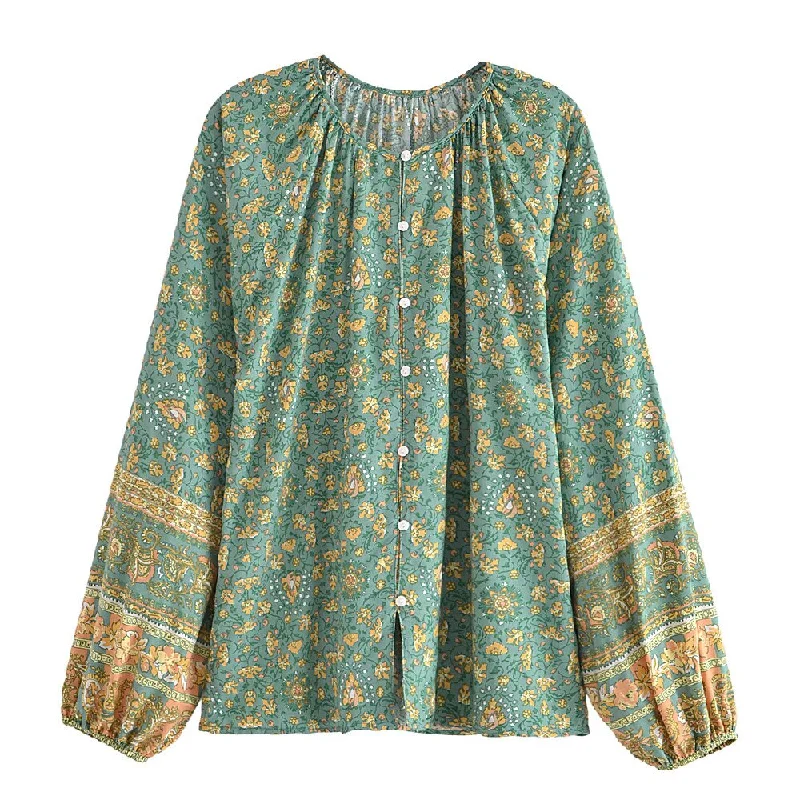 Sweet Basil Boho Floral Print Long Sleeve Blouse