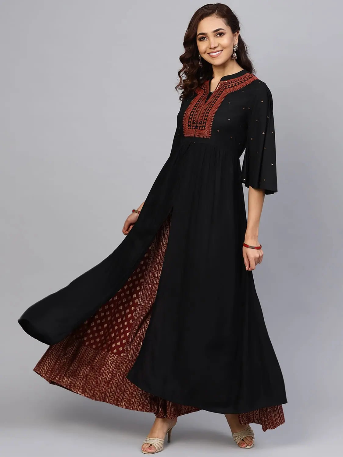 Juniper Black Rayon Printed Front Slit Kurta With Printed Flared Palazzo