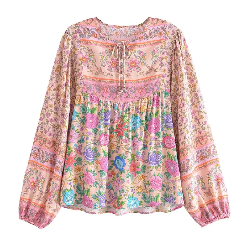 Pink Wonderland Boho Floral Print Long Sleeve Blouse