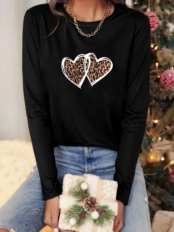 Leopard Heart Print Solid Crew Neck Long Sleeve Casual Every Day Top