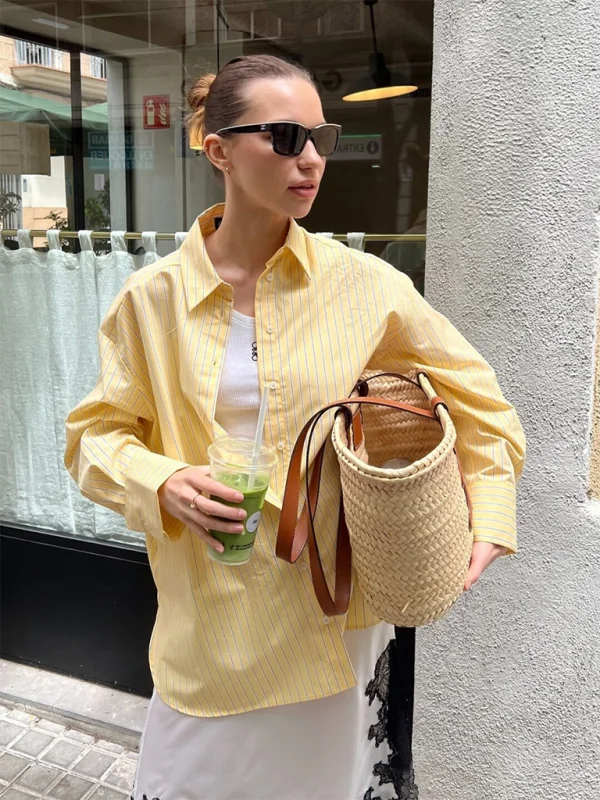 Oversized Yellow Blouse Women Striped Shirt with Long Sleeves