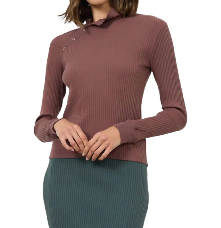 Andre Long Sleeve Snap Turtleneck Top In Hazelnut