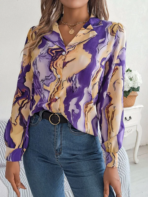 Notch Lapel Shirt - Elegant Abstract Print, Long sleeve Blouse