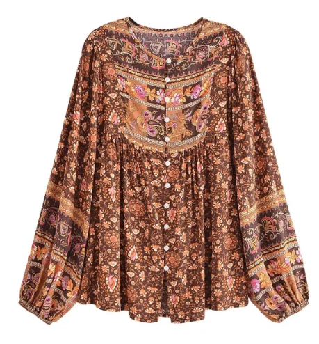 Espresso Brown Boho Floral Print Long Sleeve Blouse