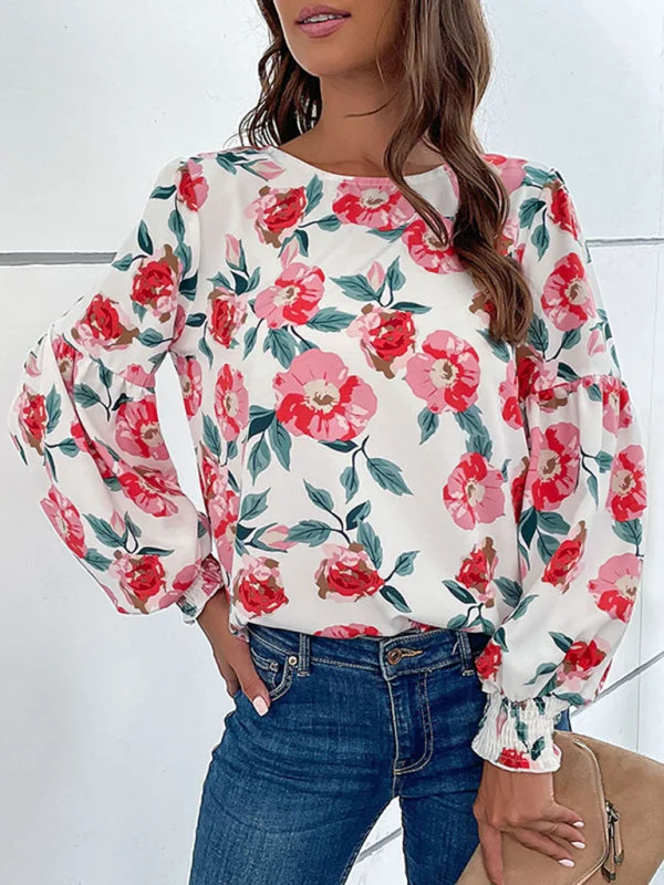 Floral Elegance: Lantern Long Sleeves Blouse - Round Neck Tunic Top